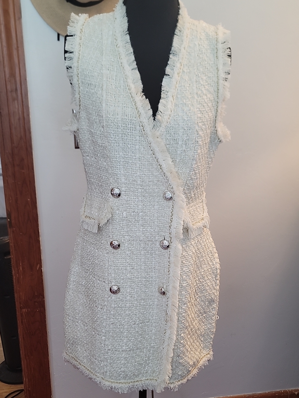 Trixxi Ivory Tweed Sleeveless Double-Breasted Mini Dress Gold trim